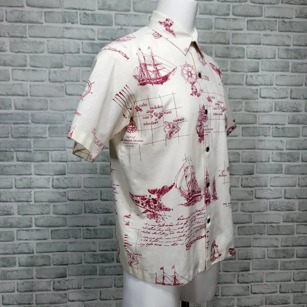Vintage Napili Hawaiian Islands Map Mens L Aloha Shirt‎ S/S Button Up Nautical